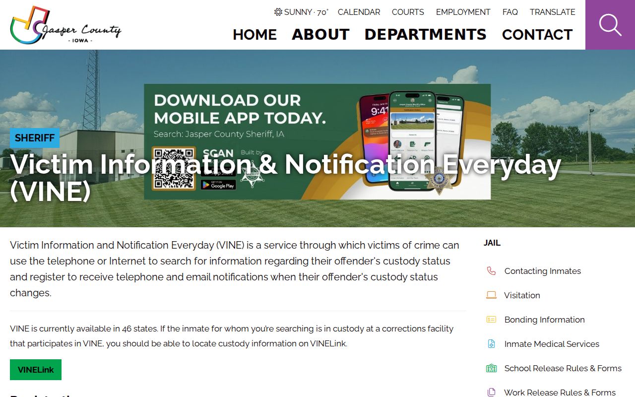 Jasper County arrest history custody notification through VINE