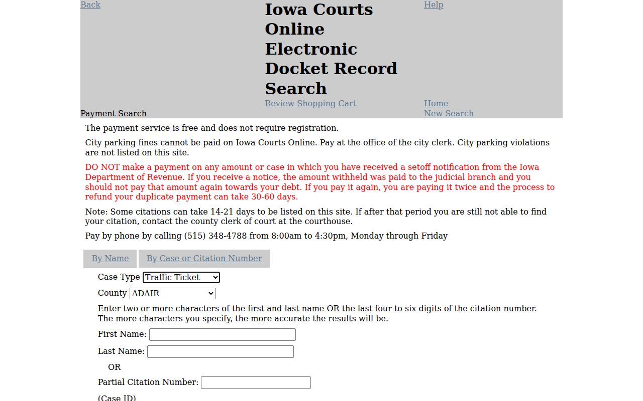 Jasper County criminal case payment and citation search fields