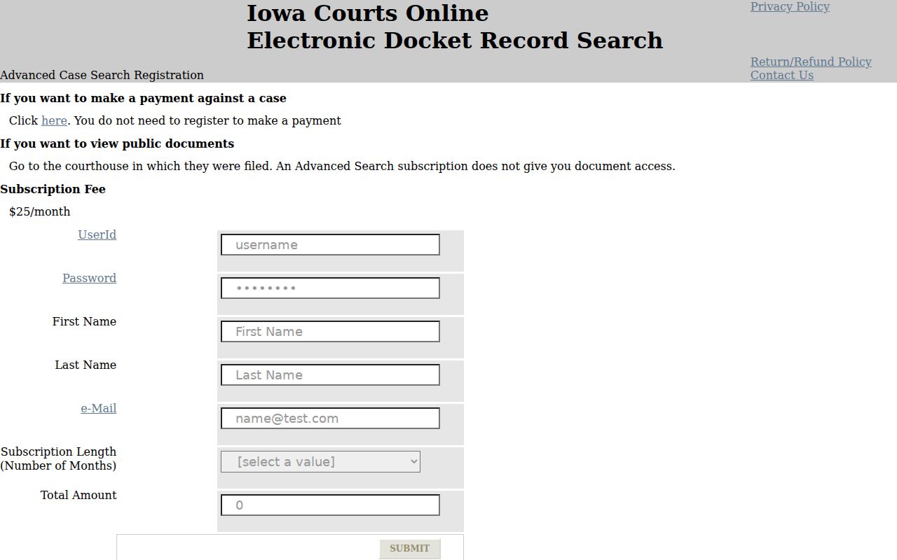 Jasper County criminal case Advanced Search registration details